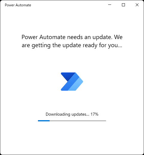Power Automate needs an update という英語のメッセージと、ダウンロードの進捗バーが表示されている画面