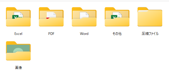 整理後のフォルダ。Excel・PDF・Word・その他・圧縮ファイル・画像の6フォルダに分かれている